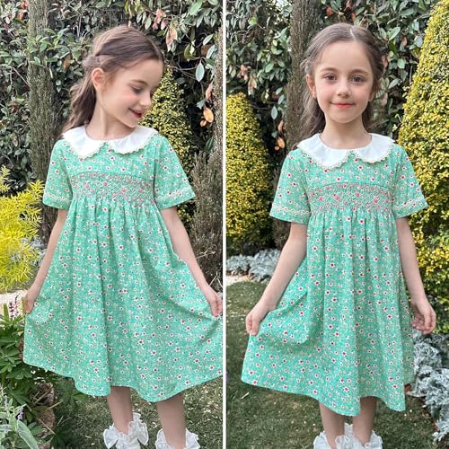 Curipeer Toddler Girl Green Smocked Floral Sundress Peter Pan Collar Short Sleeve Dress Casual Playwear for Baby Girls 12 Months - Image 4