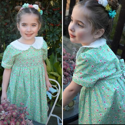 Curipeer Toddler Girl Green Smocked Floral Sundress Peter Pan Collar Short Sleeve Dress Casual Playwear for Baby Girls 12 Months - Image 2