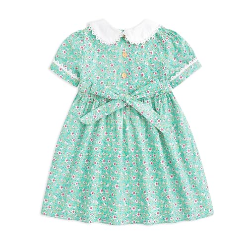 Curipeer Toddler Girl Green Smocked Floral Sundress Peter Pan Collar Short Sleeve Dress Casual Playwear for Baby Girls 12 Months - Image 3