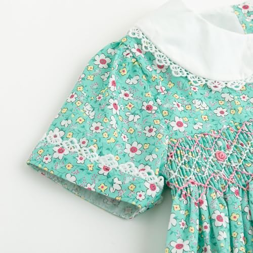 Curipeer Toddler Girl Green Smocked Floral Sundress Peter Pan Collar Short Sleeve Dress Casual Playwear for Baby Girls 12 Months - Image 5
