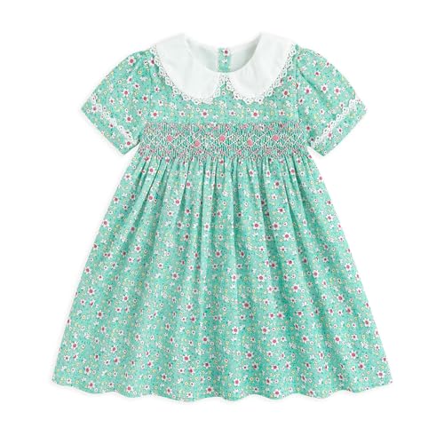 Curipeer Toddler Girl Green Smocked Floral Sundress Peter Pan Collar Short Sleeve Dress Casual Playwear for Baby Girls 12 Months - Image 1