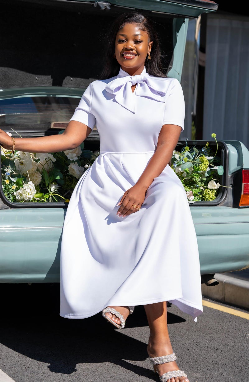 Memoriesea Women's Elegant Casual Short Sleeve Work Party A-Line Dress with Pockets White - Image 5