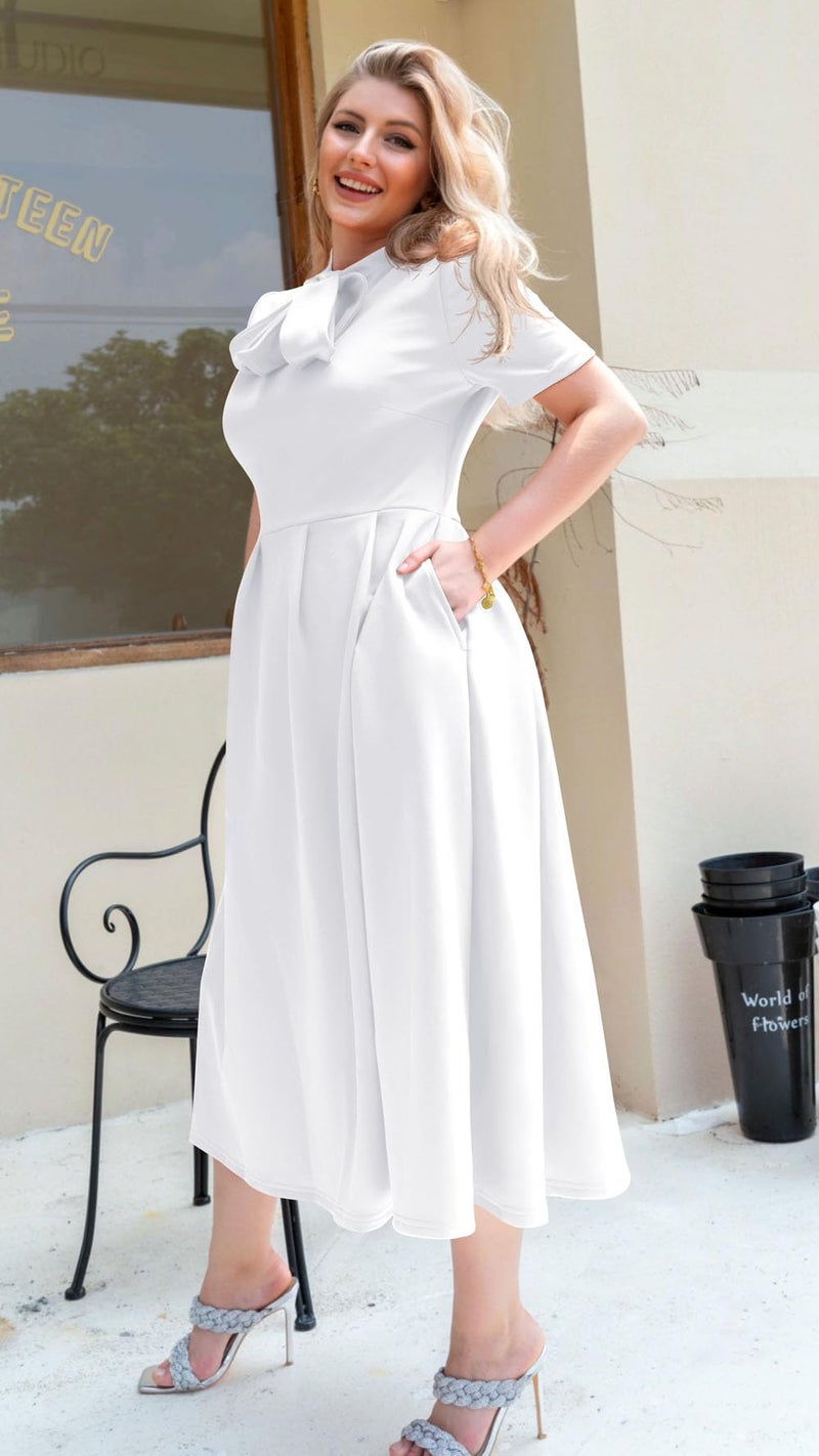 Memoriesea Women's Elegant Casual Short Sleeve Work Party A-Line Dress with Pockets White - Image 4