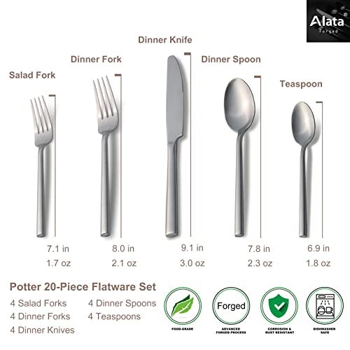 Alata Potter 20-Piece Forged Silverware Set, Service for 4 – Premium Stainless Steel Flatware Set, Modern Design with Satin Finish, Ideal for Home, Kitchen, Party, Camping - Image 4