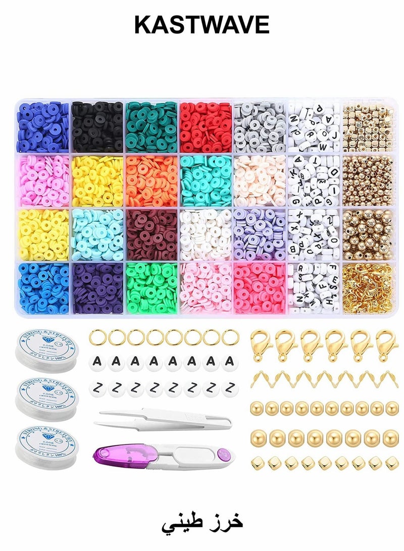 KASTWAVE 4000 Pcs Clay Beads, 6mm Flat Round Polymer Clay Spacer Beads with Charms and String, DIY Jewelry Marking Kit for Jewelry Making Preppy - Image 1