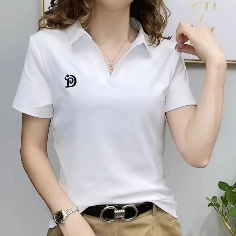 2023 Trendy Womens V-Neck Polo Tee Summer Casual White  - Image 1