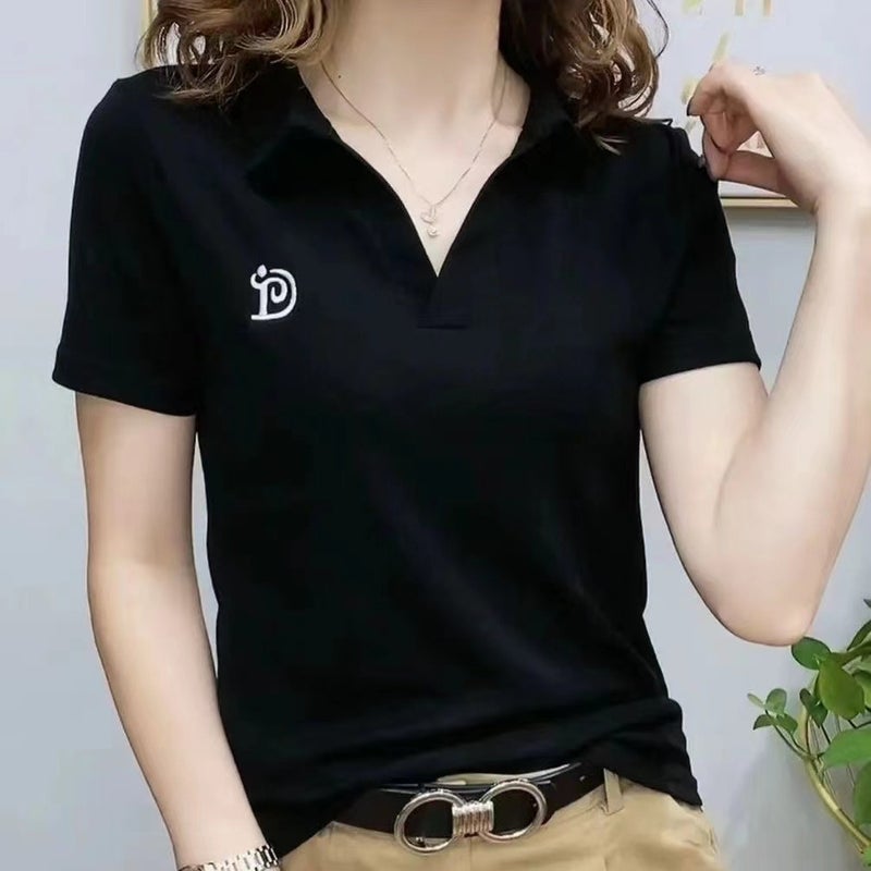 2023 Trendy Womens V-Neck Polo Tee Summer Casual White  - Image 2