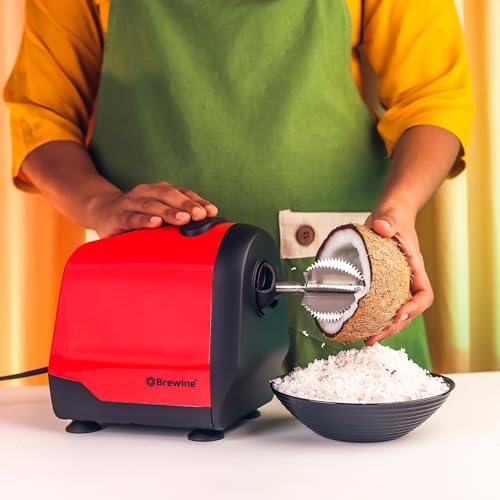 Brewine 2-in-1 Coconut Scraper & Citrus Juicer with Dual Speed Settings, Cooling Fan for Ventilation, Stainless Steel Scraping Blade, Splash Guard, Super Suction Feet for Stability, Red, 200 Watts - Image 3