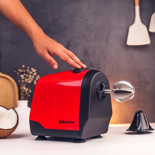 Brewine 2-in-1 Coconut Scraper & Citrus Juicer with Dual Speed Settings, Cooling Fan for Ventilation, Stainless Steel Scraping Blade, Splash Guard, Super Suction Feet for Stability, Red, 200 Watts - Image 1