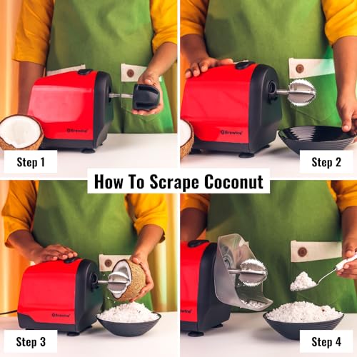 Brewine 2-in-1 Coconut Scraper & Citrus Juicer with Dual Speed Settings, Cooling Fan for Ventilation, Stainless Steel Scraping Blade, Splash Guard, Super Suction Feet for Stability, Red, 200 Watts - Image 4