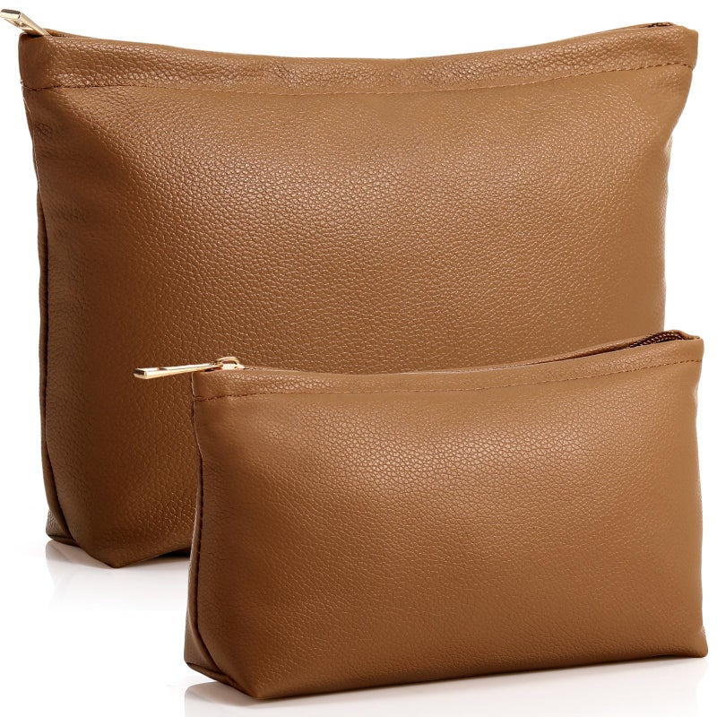 Kigeli 2 Pcs Small Makeup Bag Set for Purse PU Leather Cosmetic Bag Makeup Travel Toiletry Pouch Aesthetic Preppy Organizer Storage Pouch for Valentine Women Gift(Brown) - Image 1