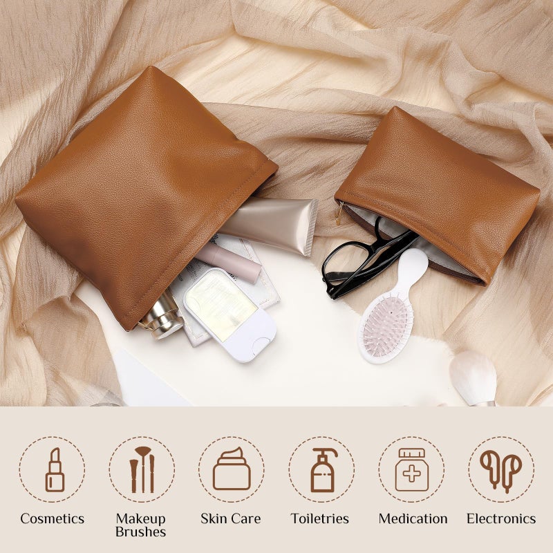 Kigeli 2 Pcs Small Makeup Bag Set for Purse PU Leather Cosmetic Bag Makeup Travel Toiletry Pouch Aesthetic Preppy Organizer Storage Pouch for Valentine Women Gift(Brown) - Image 4