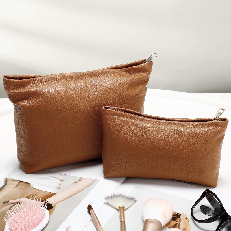 Kigeli 2 Pcs Small Makeup Bag Set for Purse PU Leather Cosmetic Bag Makeup Travel Toiletry Pouch Aesthetic Preppy Organizer Storage Pouch for Valentine Women Gift(Brown) - Image 5