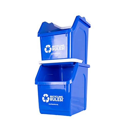 Recycling Rules! 6 Gallon Stackable Recycling Bin Container in Blue, Eco-Friendly BPA-Free Handy Recycler with Handle, 2-Pack - Image 1