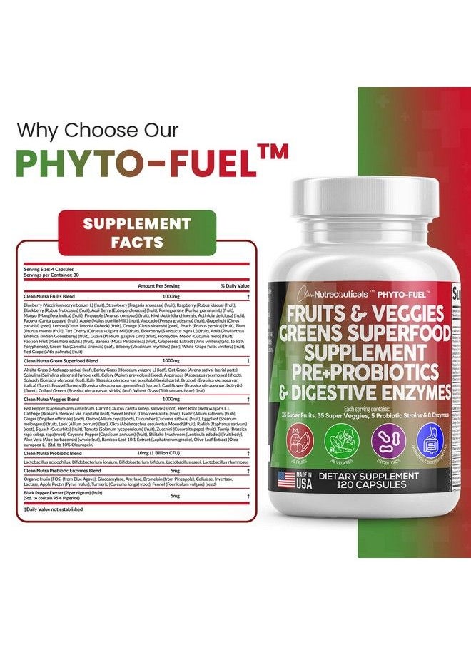 Clean Nutraceuticals - Fruits And Veggies Supplement Reds & Green Superfood A Natural Balance Of Over 70 Fruit And Vegetable Supplements Capsules With Probiotics Prebiotics Digestive Enzymes Nature Spirulina 120 Ct Usa - Image 1