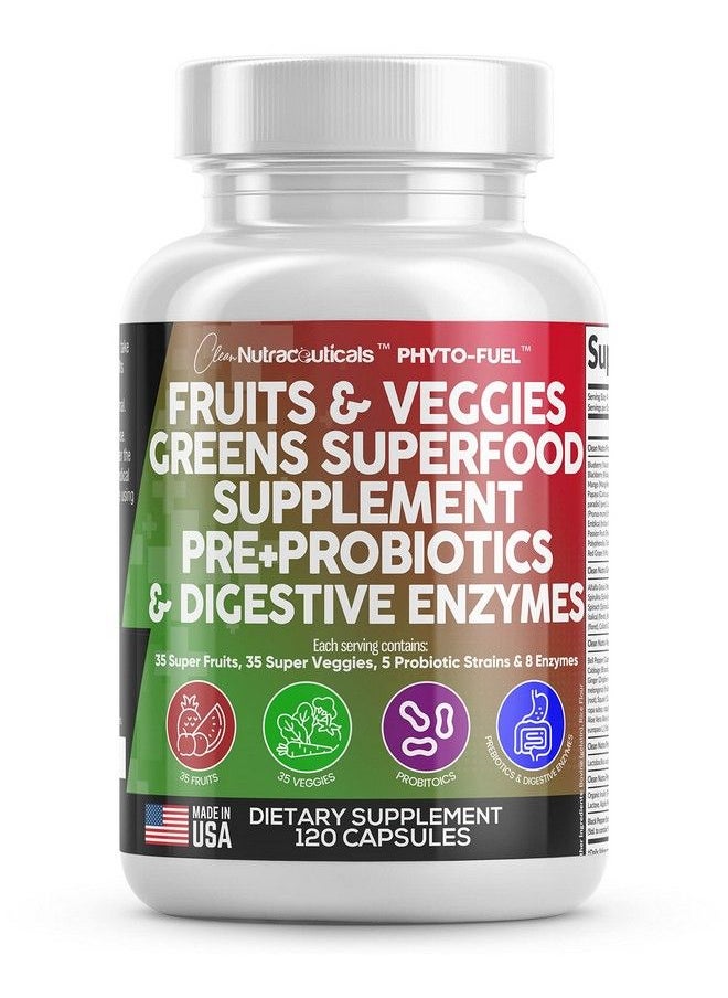 Clean Nutraceuticals - Fruits And Veggies Supplement Reds & Green Superfood A Natural Balance Of Over 70 Fruit And Vegetable Supplements Capsules With Probiotics Prebiotics Digestive Enzymes Nature Spirulina 120 Ct Usa - Image 1