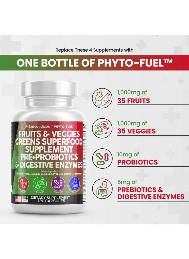 Clean Nutraceuticals - Fruits And Veggies Supplement Reds & Green Superfood A Natural Balance Of Over 70 Fruit And Vegetable Supplements Capsules With Probiotics Prebiotics Digestive Enzymes Nature Spirulina 120 Ct Usa - Image 1