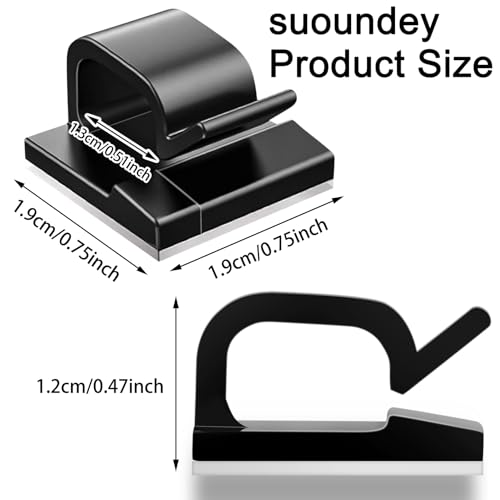 suoundey 65 Pcs Cable Clips, Adhesive Cable Organizer Cord Holder Wire Clip Wire Management Self Adhesive Hooks Wire Holder for Office, Home(Black, 65PCS -Large) - Image 2