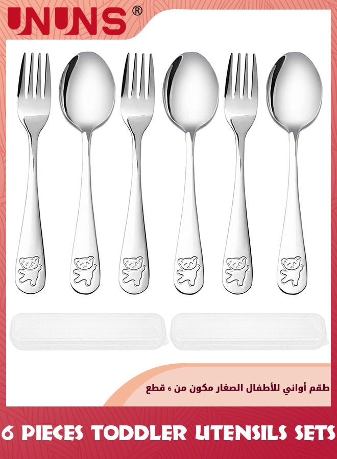 UNUNS Kids Silverware Set,6 Pieces Stainless Steel Kids Cutlery Set/Toddler Utensils/Flatware-3 Forks,3 Dinner Spoons,Mirror Polished,Dishwasher Safe,Little Bear Flatware Set  - Image 1