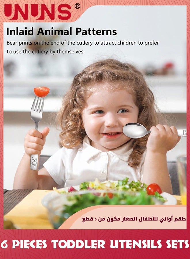 UNUNS Kids Silverware Set,6 Pieces Stainless Steel Kids Cutlery Set/Toddler Utensils/Flatware-3 Forks,3 Dinner Spoons,Mirror Polished,Dishwasher Safe,Little Bear Flatware Set  - Image 2