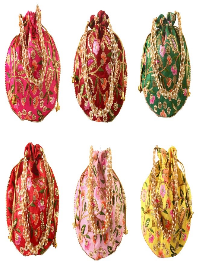 BINORI Rajasthani Style Royal Clutch Silk Batwa Bag Wristlets Embroidered Potli Bag With Floral Design, Pearl Handle, Traditional Drawstring Purse (Pack of 6) - Image 1