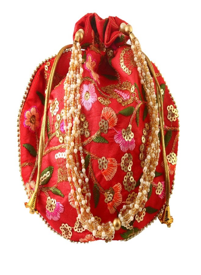 BINORI Rajasthani Style Royal Clutch Silk Batwa Bag Wristlets Embroidered Potli Bag With Floral Design, Pearl Handle, Traditional Drawstring Purse (Pack of 6) - Image 5