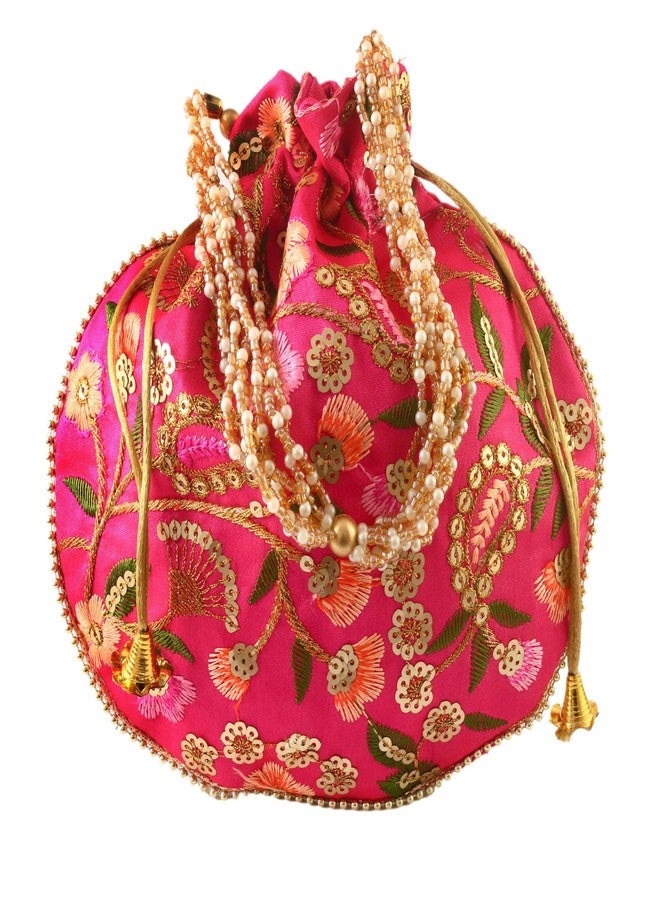BINORI Rajasthani Style Royal Clutch Silk Batwa Bag Wristlets Embroidered Potli Bag With Floral Design, Pearl Handle, Traditional Drawstring Purse (Pack of 6) - Image 2