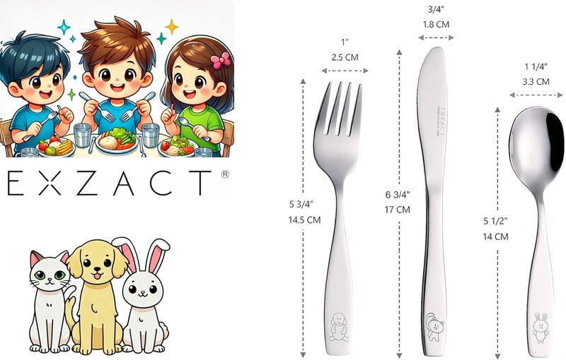 Exzact Childrens Flatware Kids Silverware 9pcsToddler Utensils 3 x Forks 3 x Safe Dinnerknives 3 x Dinner Spoons  Dog Cat Bunny Engraved Design - Image 3
