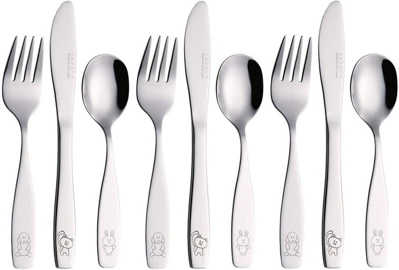 Exzact Childrens Flatware Kids Silverware 9pcsToddler Utensils 3 x Forks 3 x Safe Dinnerknives 3 x Dinner Spoons  Dog Cat Bunny Engraved Design - Image 1