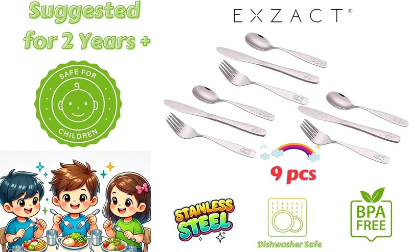 Exzact Childrens Flatware Kids Silverware 9pcsToddler Utensils 3 x Forks 3 x Safe Dinnerknives 3 x Dinner Spoons  Dog Cat Bunny Engraved Design - Image 4