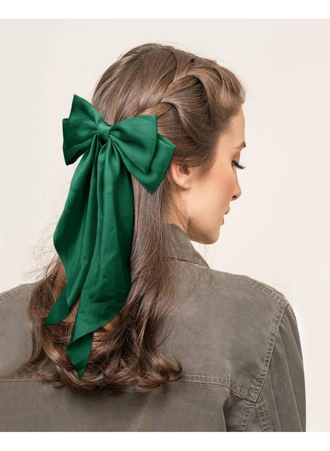 TULOBI Dark Green Satin Long Tail Large Hair Bows for Women - 2Pcs Wedding Prom Gift Ribbons, Clips and Accessories - Image 2