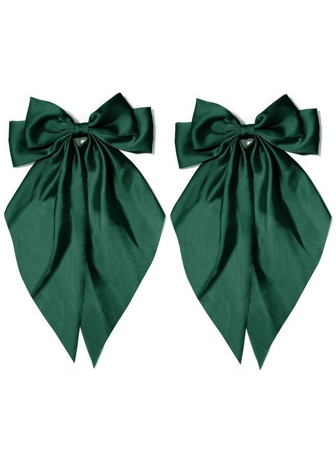 TULOBI Dark Green Satin Long Tail Large Hair Bows for Women - 2Pcs Wedding Prom Gift Ribbons, Clips and Accessories - Image 1