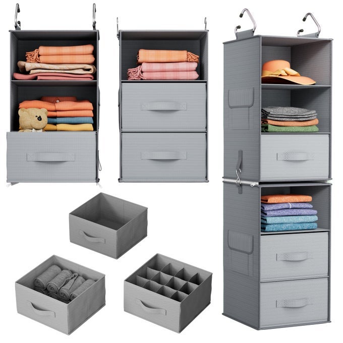 6SHELF HANGING CLOSET ORGANIZER WITH 2 SEPARABLE 3TIER SHELVES 3 DRAWERS SIDE POCKETS CLOSET ORGANIZERS AND STORAGE FOR WARDROBE ORGANIZATION AND NURSERY CLOTHES ORGANIZER GRAY