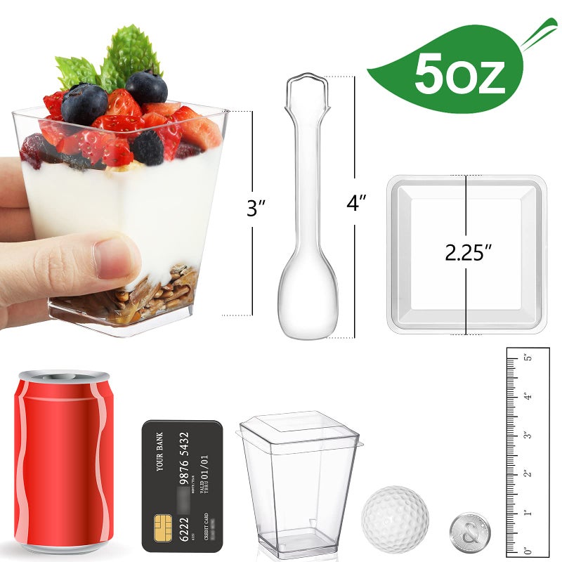 Eupako 50 Pack 5 oz Square Clear Plastic Dessert Cups with Lids and Spoons  Small Clear Tumbler Set  Appetizers  Puddings  Mousse and More - Image 2