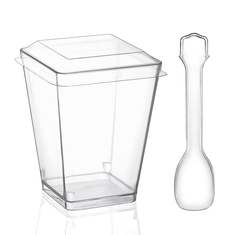 Eupako 50 Pack 5 oz Square Clear Plastic Dessert Cups with Lids and Spoons  Small Clear Tumbler Set  Appetizers  Puddings  Mousse and More - Image 3