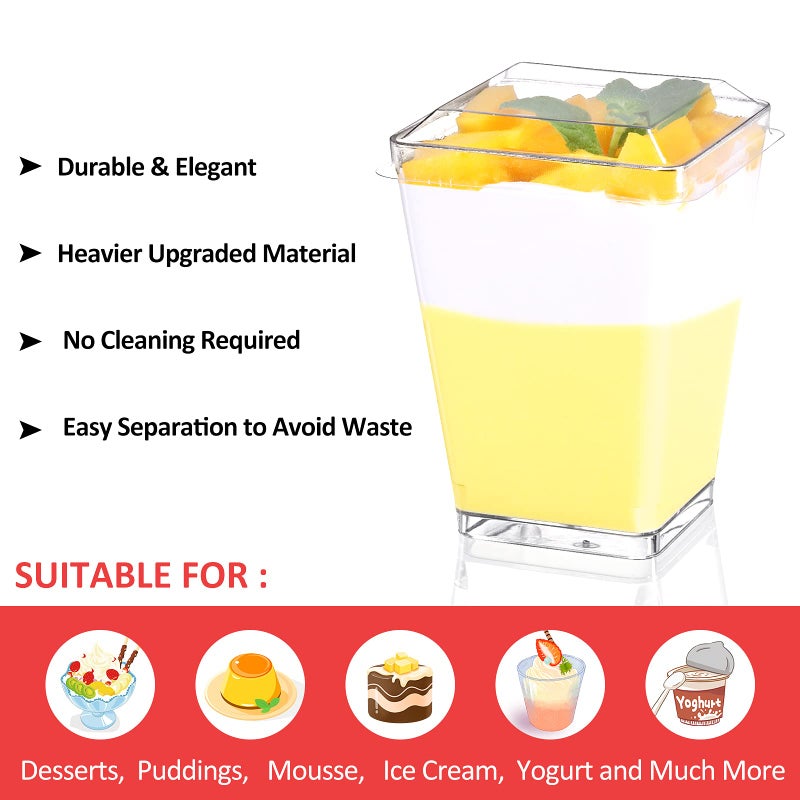 Eupako 50 Pack 5 oz Square Clear Plastic Dessert Cups with Lids and Spoons  Small Clear Tumbler Set  Appetizers  Puddings  Mousse and More - Image 4