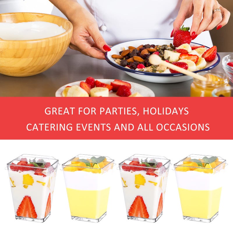 Eupako 50 Pack 5 oz Square Clear Plastic Dessert Cups with Lids and Spoons  Small Clear Tumbler Set  Appetizers  Puddings  Mousse and More - Image 5