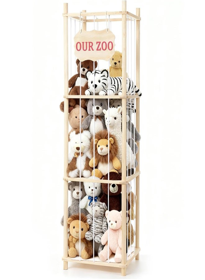 Linidcoud Stuffed Animal Toy Storage & Organizer, Wooden Large Capacity Stuffed Animal Zoo with Elastic Cord, Sturdy Space-Saving Plushie Toy Shelf Cage Tower for Nursery Playroom Bedroom 54 In, Easy To Install - Image 1