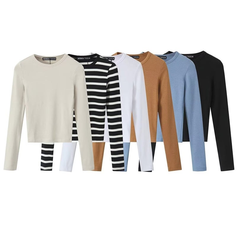 Women'S Clothing 2025 Spring New Joker Solid Color Pullover Long Sleeve Slim Casual Base T-Shirt - Image 2