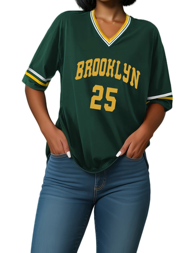 Striped Trim V-Neck Ribbon Half Sleeve Loose T-Shirt Women'S Sports Letter Printed Top Goods - Image 2