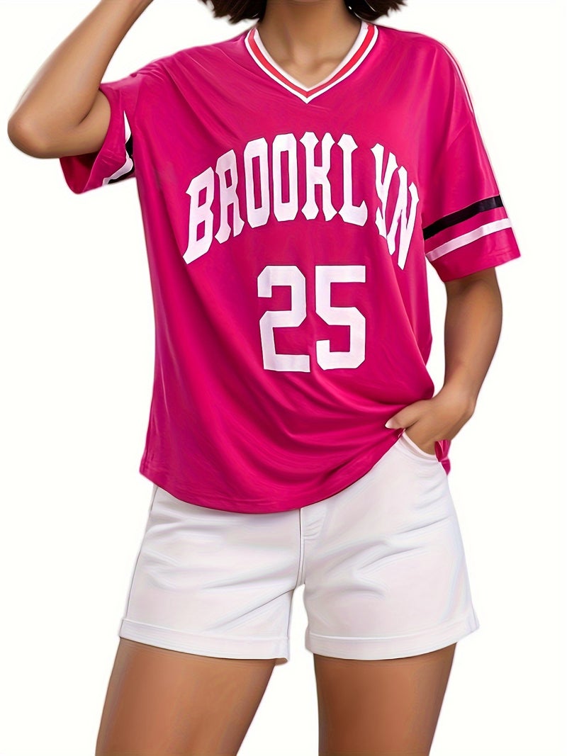 Striped Trim V-Neck Ribbon Half Sleeve Loose T-Shirt Women'S Sports Letter Printed Top Goods - Image 4