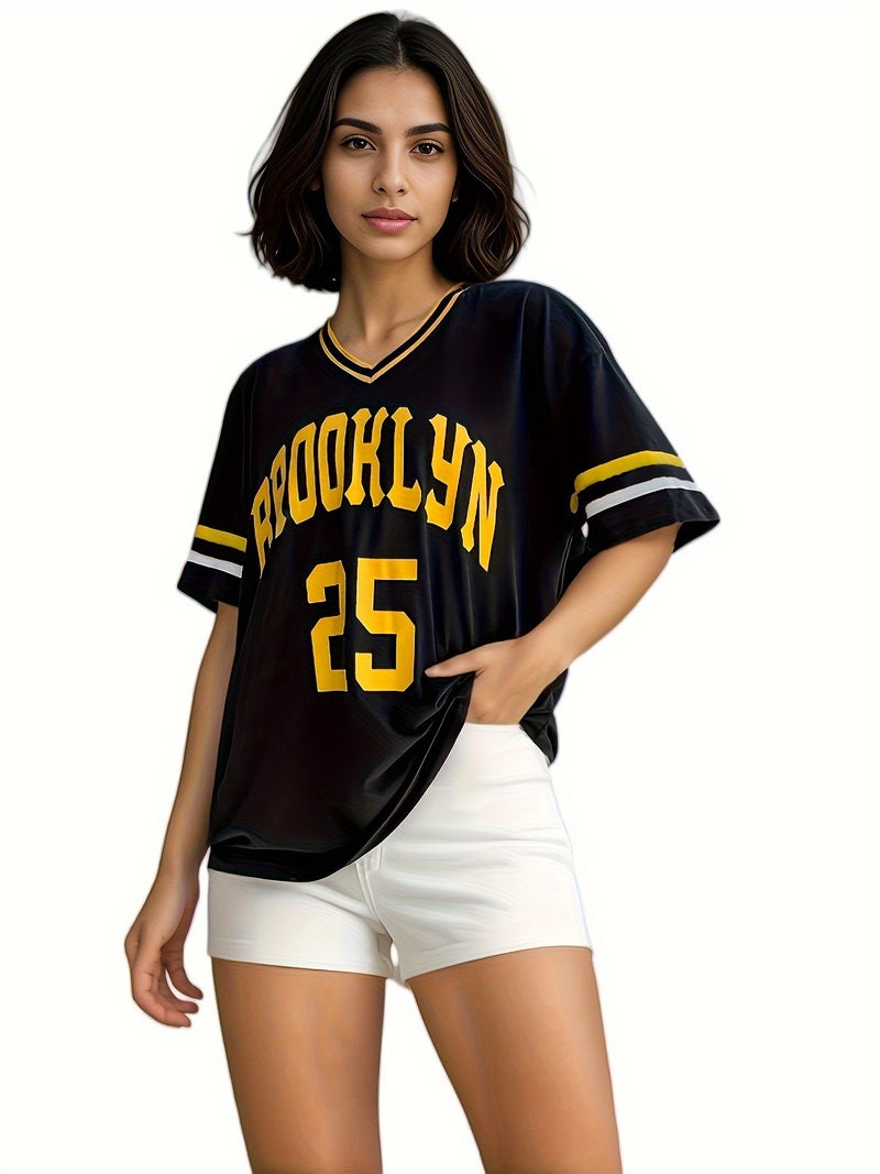 Striped Trim V-Neck Ribbon Half Sleeve Loose T-Shirt Women'S Sports Letter Printed Top Goods - Image 1