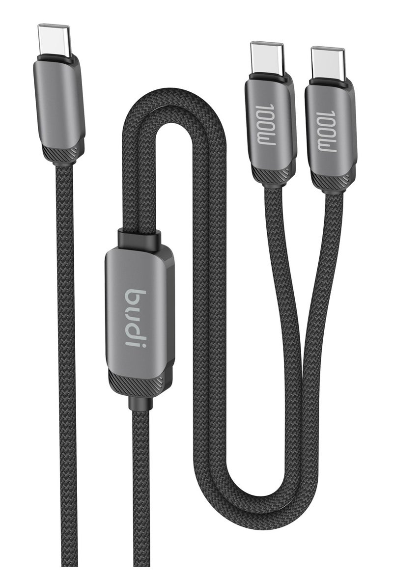 بودي كابل بيانات وشحن سريع بقدرة 100 واط (USB-C إلى منفذي USB-C)، كابل تفرع (Splitter) من Type-C إلى منفذين، يدعم تقنية PD بقدرة 100 واط (طراز DC266TTT12B)، نقل بيانات سريع، طول 1.2 متر، لون أسود. - Image 1