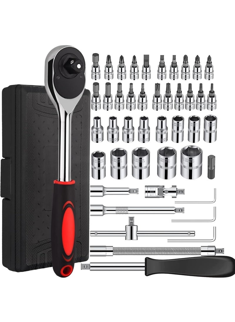 ZSIGNS ZSIGNS Tool Kit 46 Pieces Socket Wrench Set with 14 inch Drive Mechanic Tools Set Ratchet Screwdriver Kits Metric Extension Bar for Auto Bicycle Repairing Household with Storage Case  - Image 1