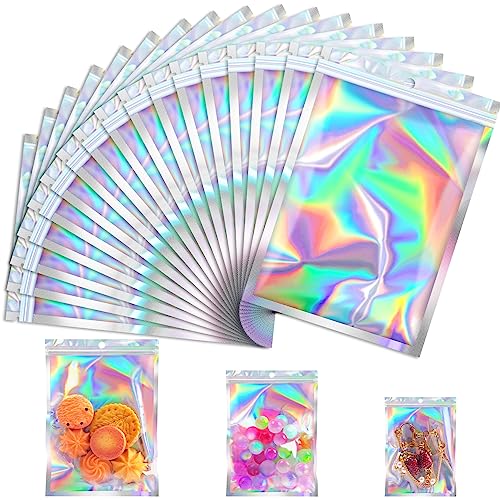 JETMORE 100 Pcs Mylar Bags, Holographic Bags, Resealable Bag for Small Business, Packaging, Sample Bag for Pen, Gift, Jewelry, Snack, Bracelets, Mothers Day Gifts (5.5x7.9in) - Image 1