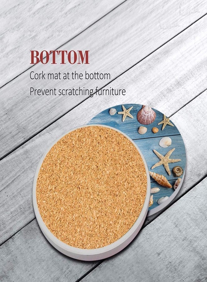 Bribay Coaster for Drinks Set of 6, Sea Shells Wooden Beach Summer Absorbent Round Ceramic Stone Mat, with Cork Base and Metal Holder, Gift for Housewarming Room Bar Decor - Image 2