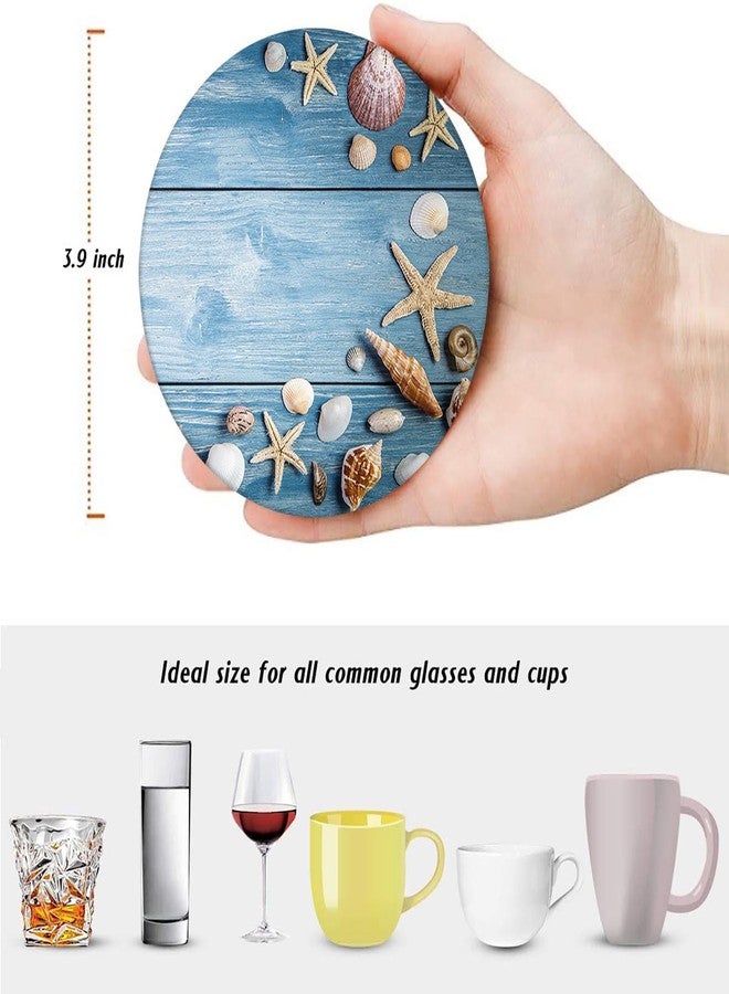 Bribay Coaster for Drinks Set of 6, Sea Shells Wooden Beach Summer Absorbent Round Ceramic Stone Mat, with Cork Base and Metal Holder, Gift for Housewarming Room Bar Decor - Image 4