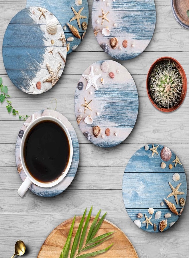 Bribay Coaster for Drinks Set of 6, Sea Shells Wooden Beach Summer Absorbent Round Ceramic Stone Mat, with Cork Base and Metal Holder, Gift for Housewarming Room Bar Decor - Image 5