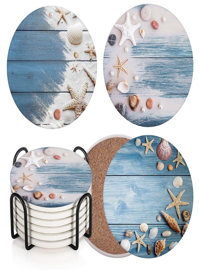 Bribay Coaster for Drinks Set of 6, Sea Shells Wooden Beach Summer Absorbent Round Ceramic Stone Mat, with Cork Base and Metal Holder, Gift for Housewarming Room Bar Decor - Image 1