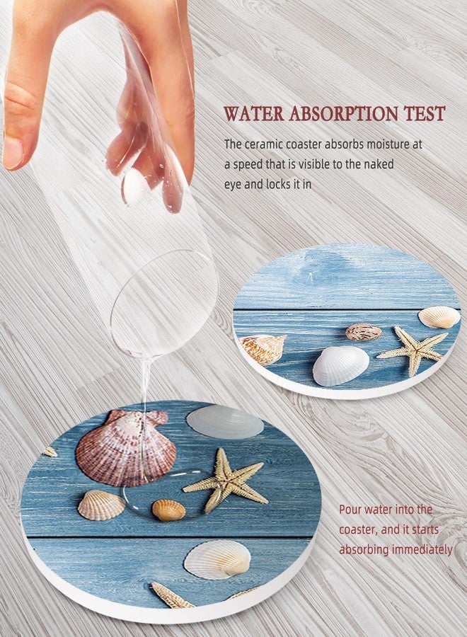 Bribay Coaster for Drinks Set of 6, Sea Shells Wooden Beach Summer Absorbent Round Ceramic Stone Mat, with Cork Base and Metal Holder, Gift for Housewarming Room Bar Decor - Image 3